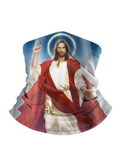 Neck Gaiter with 3D all over print featuring sacred Jesus figure in red robe and halo, Aesthetic spiritual design, unisex, soft stretchy, UV protection