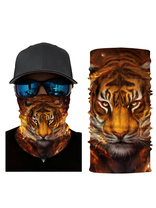 Tube Face Mask with 3D all over print fiery tiger head design, streetwear aesthetic unisex neck gaiter, soft stretchy breathable fabric for outdoor sports