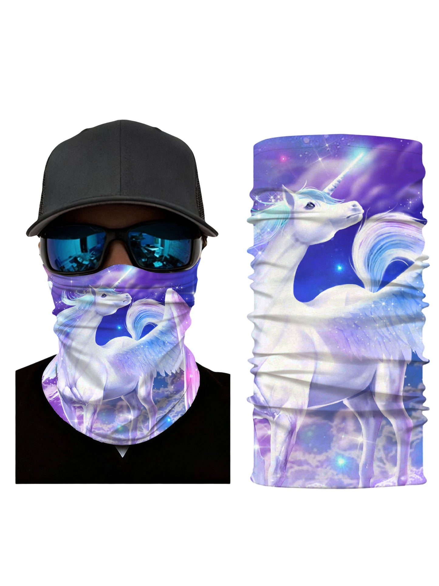 Unisex Neck Gaiter with 3D all over print featuring ethereal winged unicorn in galaxy nebula, Aesthetic style, soft stretchy and UV protection fabric