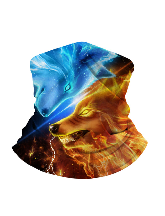 Dual Ice-Fire Wolf 3D Print Face Gaiter – Unisex Streetwear Mask