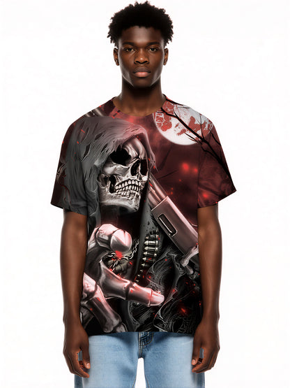 Men Women 3D All Over Print Grim Reaper T-Shirt with Blood Moon and Shotgun Design
