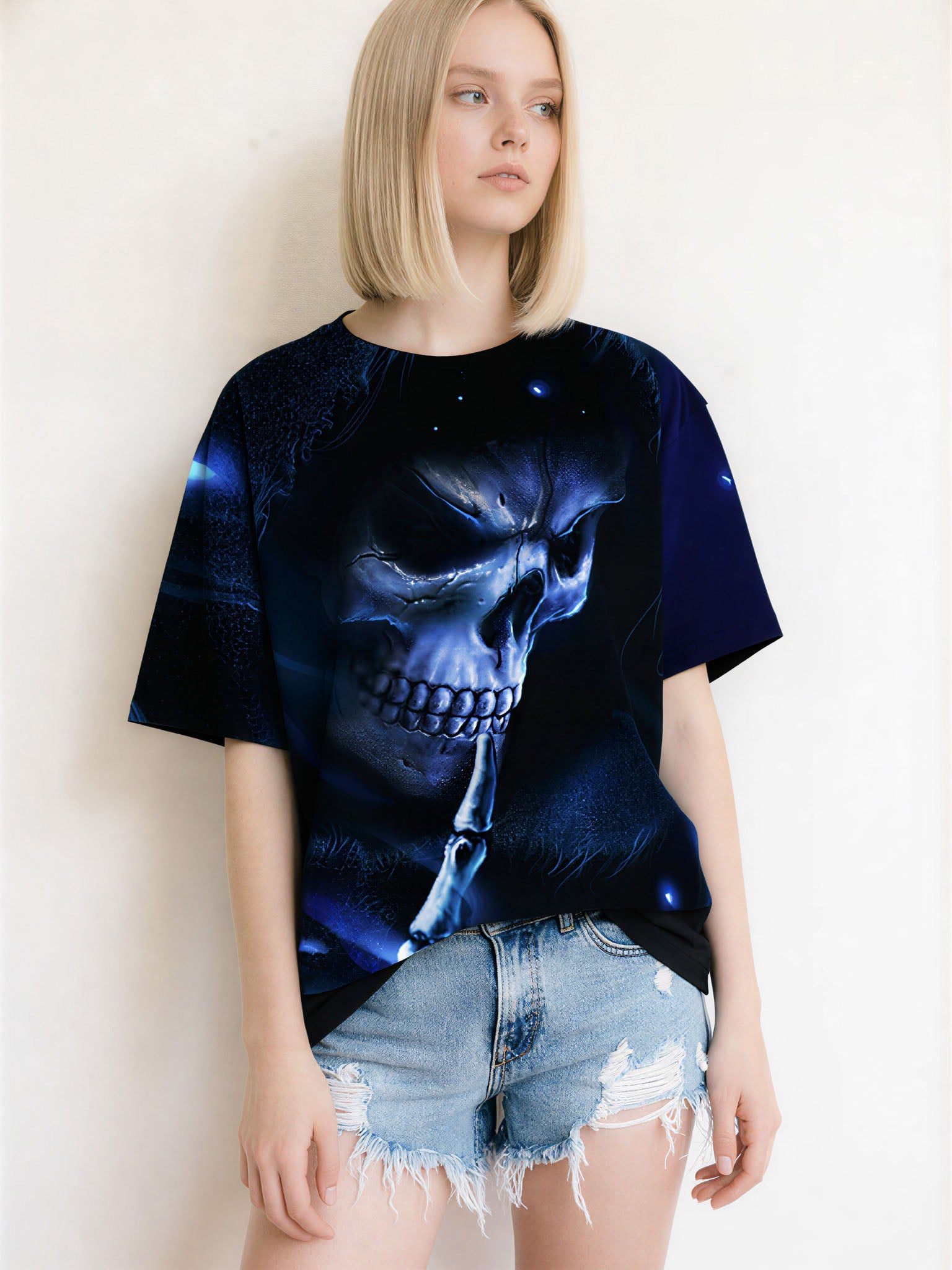 3D All Over Print Skull T-Shirt Men Women Gothic Blue Glow Streetwear Fashion Sweatshirt