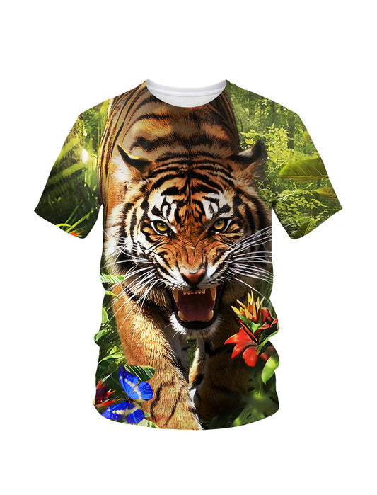 Tiger Jungle T-Shirt 3D All Over Print for Men Women, Wild Animal Graphic Sweatshirt with Butterfly Tropical Leaves