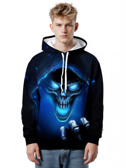 Men Women 3D All Over Print Skull Hoodie Glow Blue Ghostly Hooded Sweatshirt