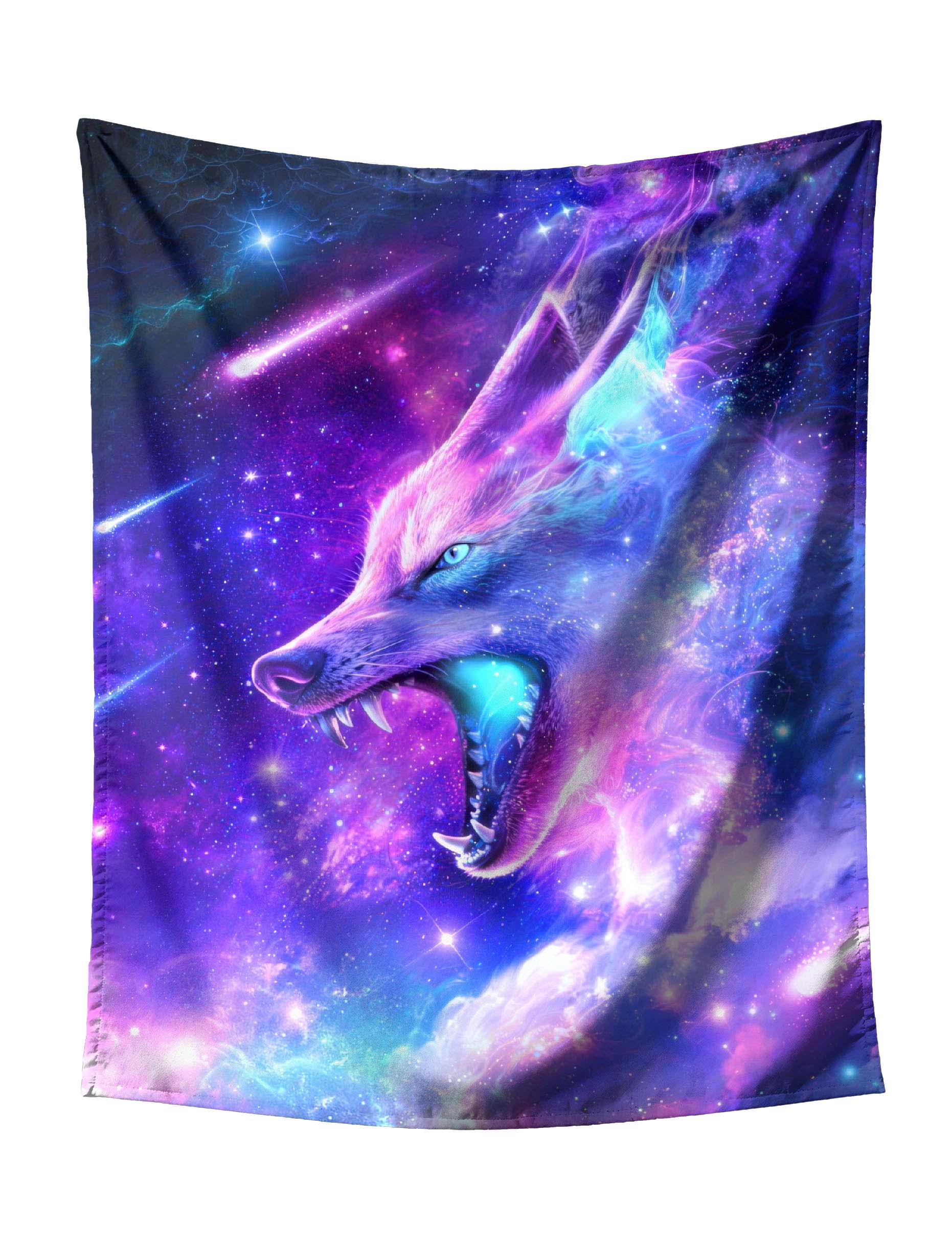 Roaring Cosmic Wolf with Purple-Blue Gradient on Starry Galaxy Tapestry - Mystical Fantasy Wall Hanging for Bold Home Decor