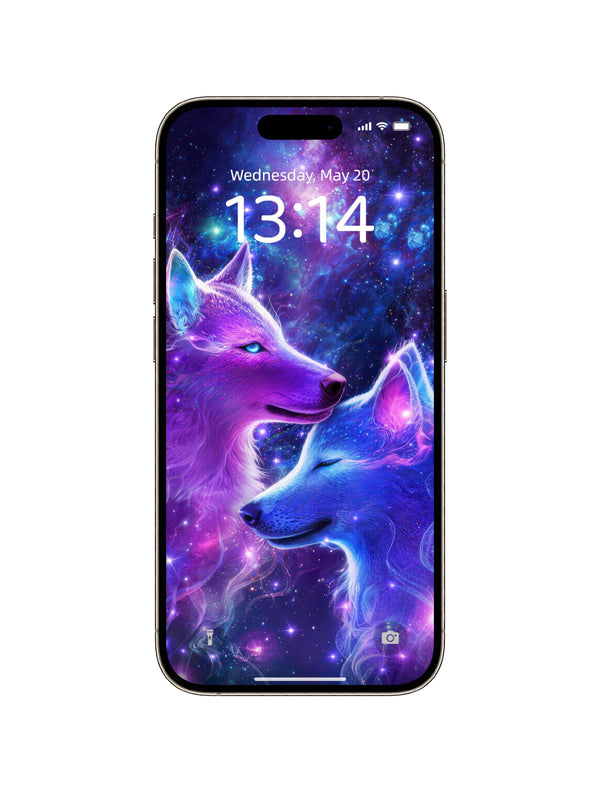 Snuggling Couple Purple Blue Galaxy Wolves Digital Wallpaper