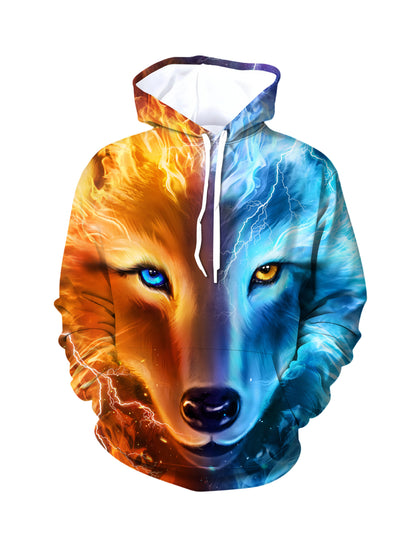 Unisex 3D All Over Print Hoodie Fire Ice Wolf Face Aesthetic Streetwear Soft Comfortable Cotton Blend