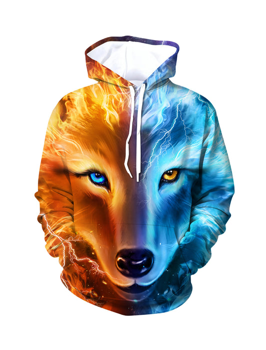Unisex 3D All Over Print Hoodie Fire Ice Wolf Face Aesthetic Streetwear Soft Comfortable Cotton Blend