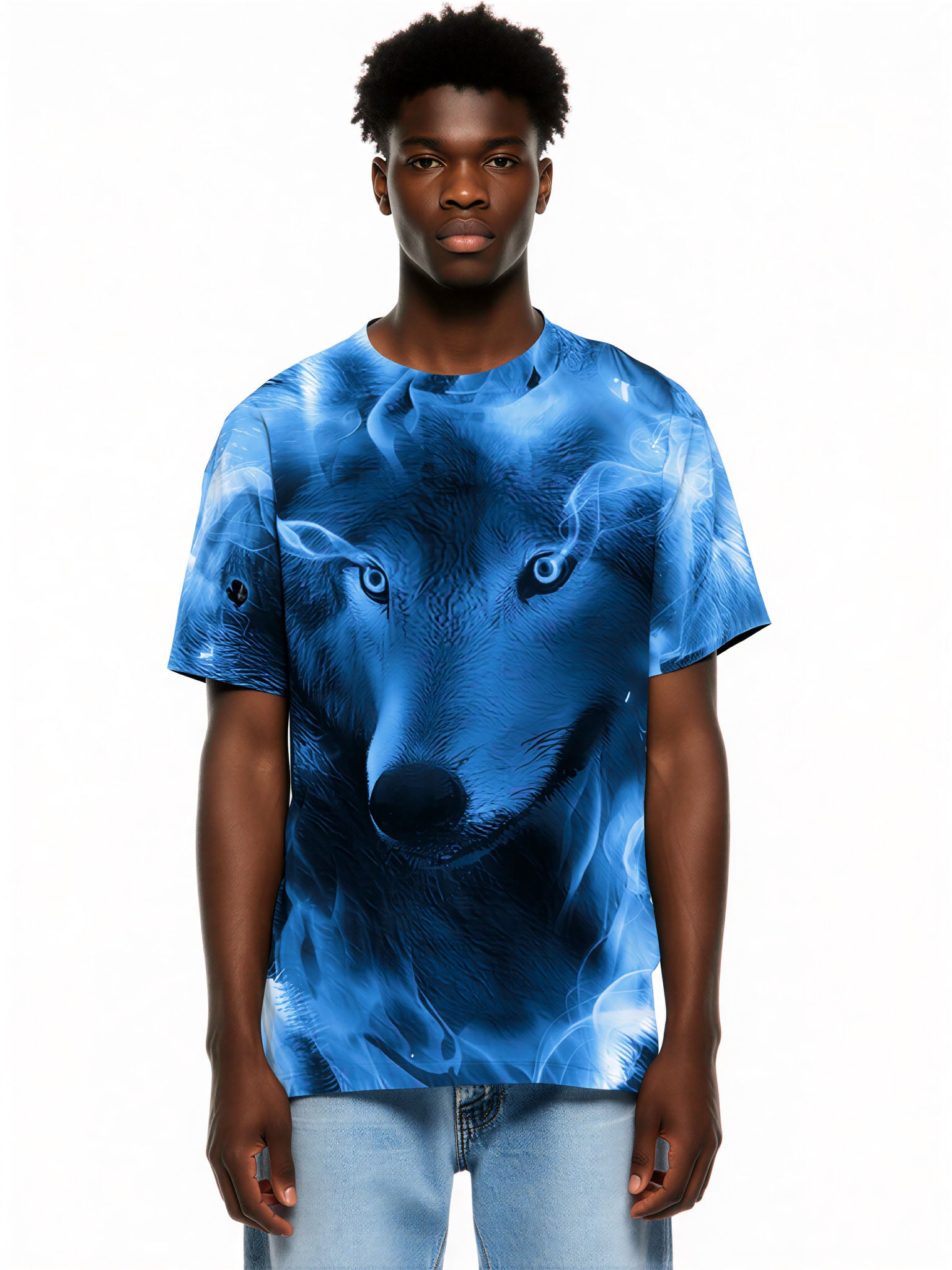 3D All Over Print Wolf T-Shirt for Men Women Blue Flame Art Style