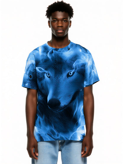 3D All Over Print Wolf T-Shirt for Men Women Blue Flame Art Style