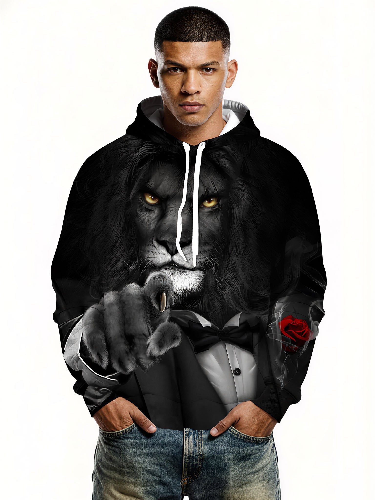 Lion in Tuxedo 3D All Over Print Hoodie for Men Women with Red Rose Style