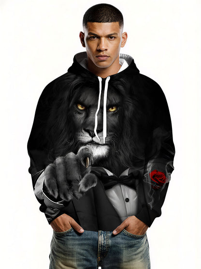 Lion in Tuxedo 3D All Over Print Hoodie for Men Women with Red Rose Style