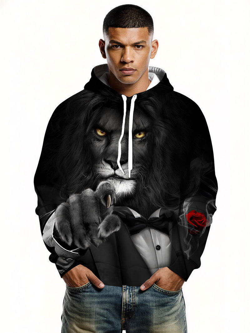 Lion in Tuxedo 3D All Over Print Hoodie for Men Women with Red Rose Style