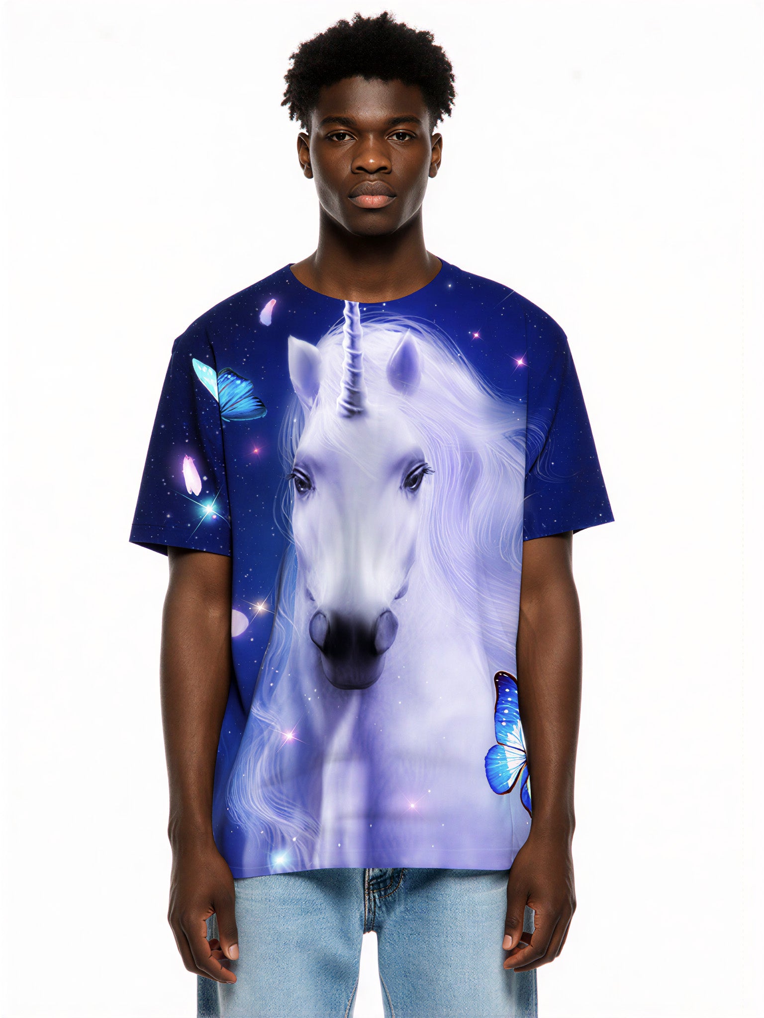 Unicorn 3D All Over Print T-Shirt for Men Women, Magical Starry Sky Butterfly Design