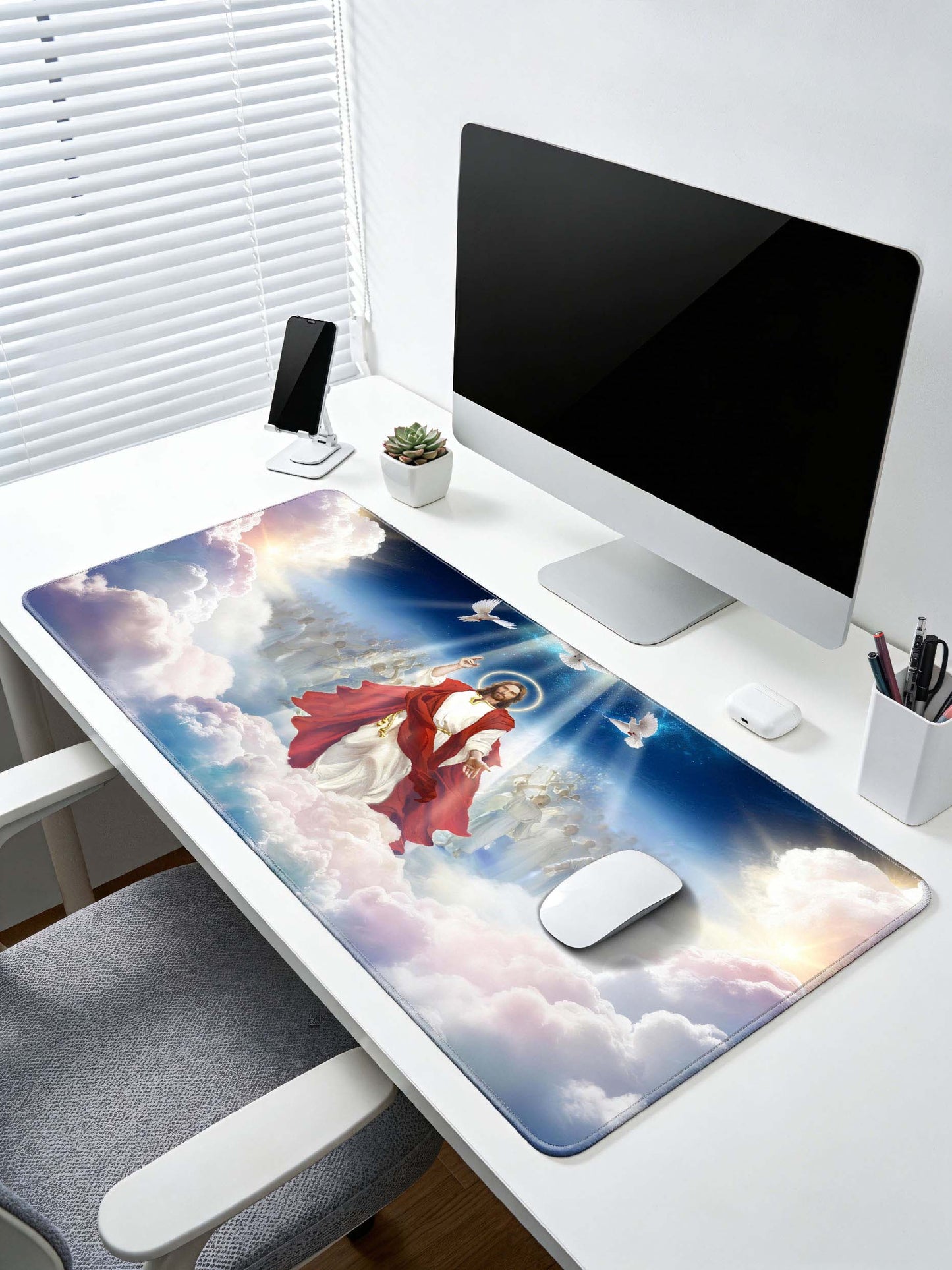 Jesus In Heavenly Clouds With Angels & White Doves Desk Mat