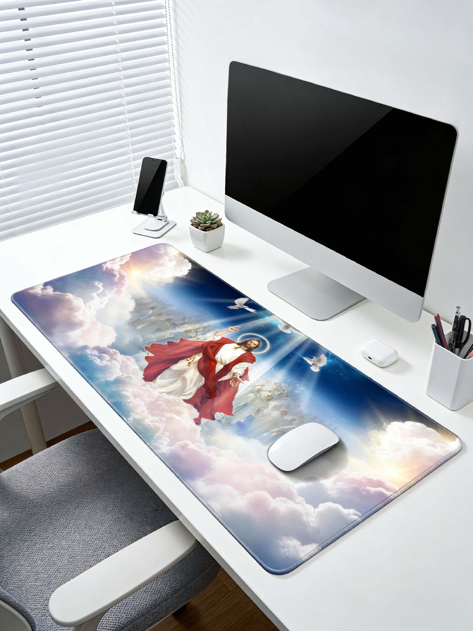 Jesus In Heavenly Clouds With Angels & White Doves Desk Mat