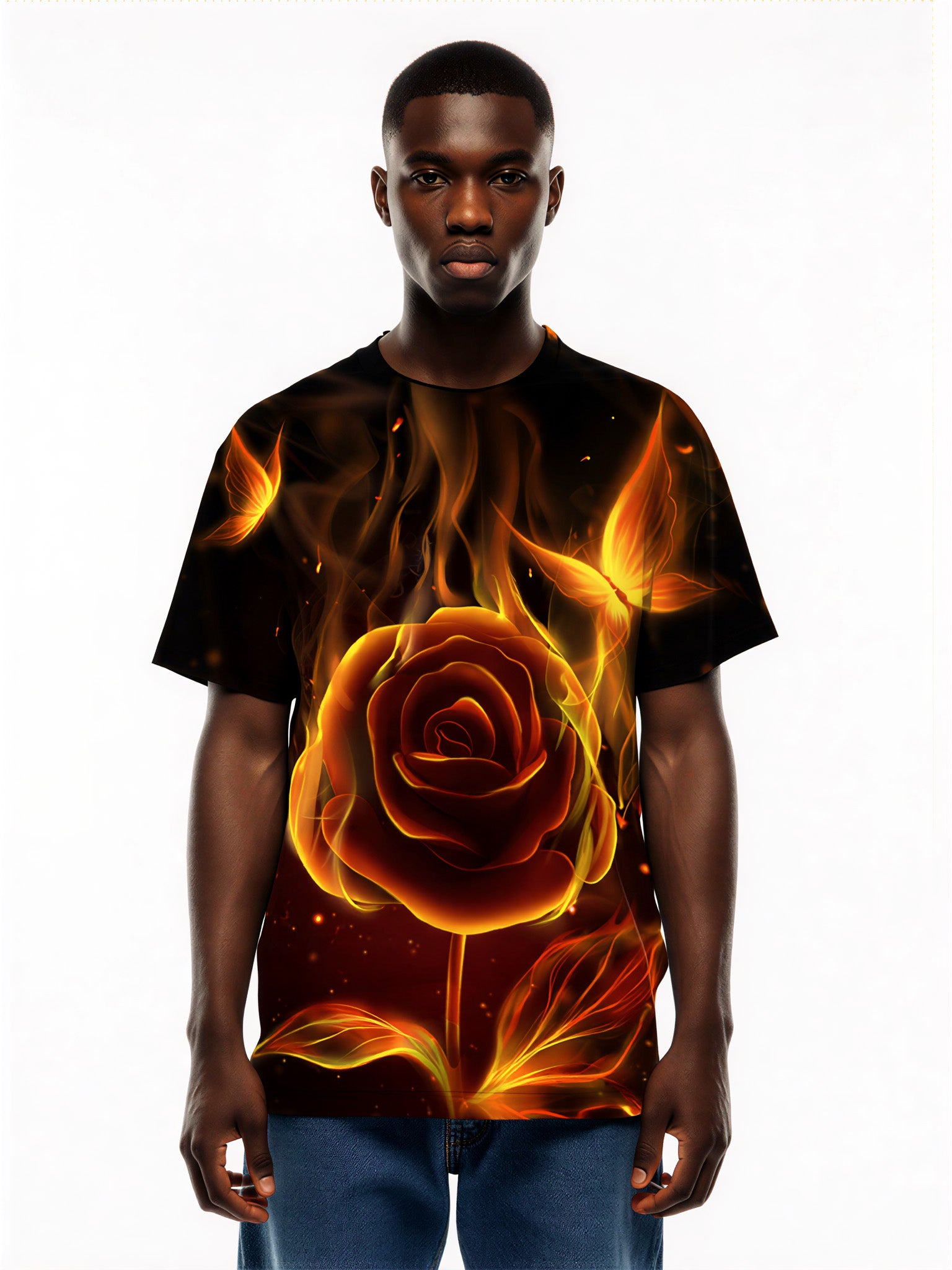 3D All Over Print Flaming Rose T-Shirt for Men Women, Fire Butterfly Graphic Streetwear Sweatshirt