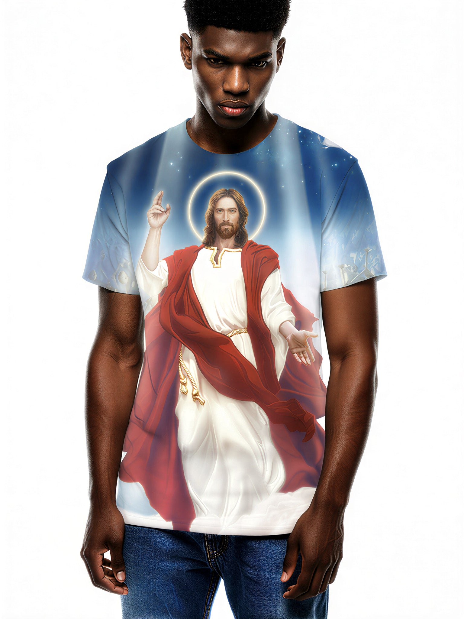 Jesus Christ 3D All Over Print T-Shirt for Men Women, Religious Halo Design Unisex Streetwear