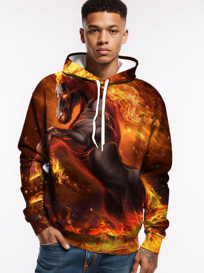 Unisex 3D All Over Print Hoodie Fire Horse Design Streetwear Casual Loose Fit