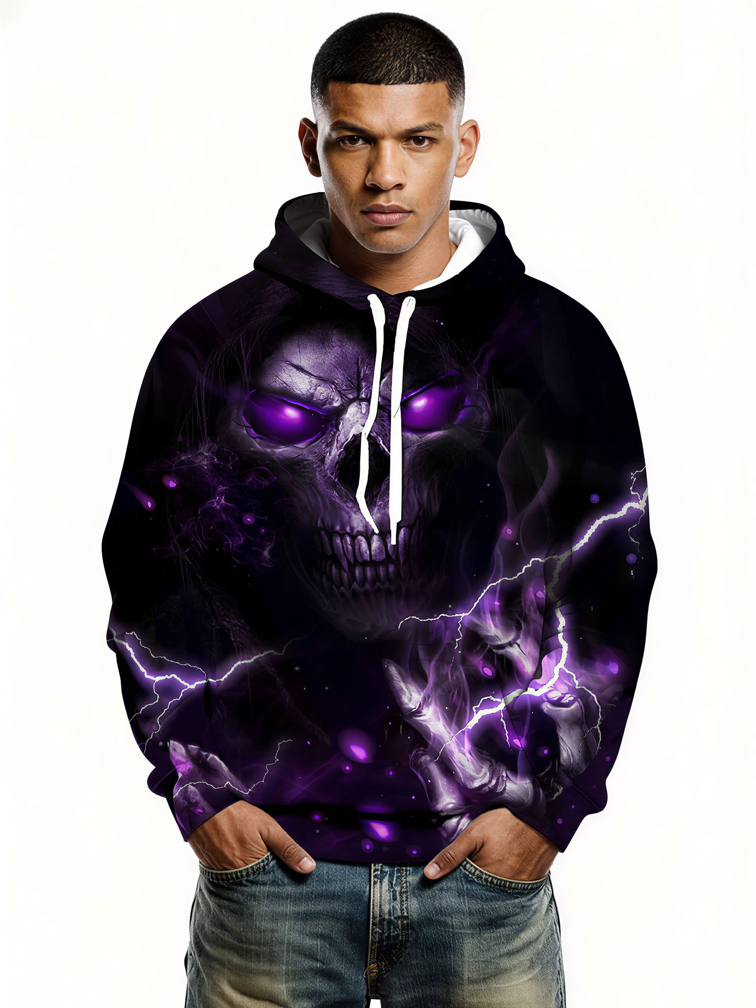 Men Women 3D All Over Print Skull Lightning Hoodie Purple Glow Gothic Streetwear Pullover