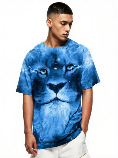 3D All Over Print Lion T-Shirt for Men Women Blue Flame Art Style