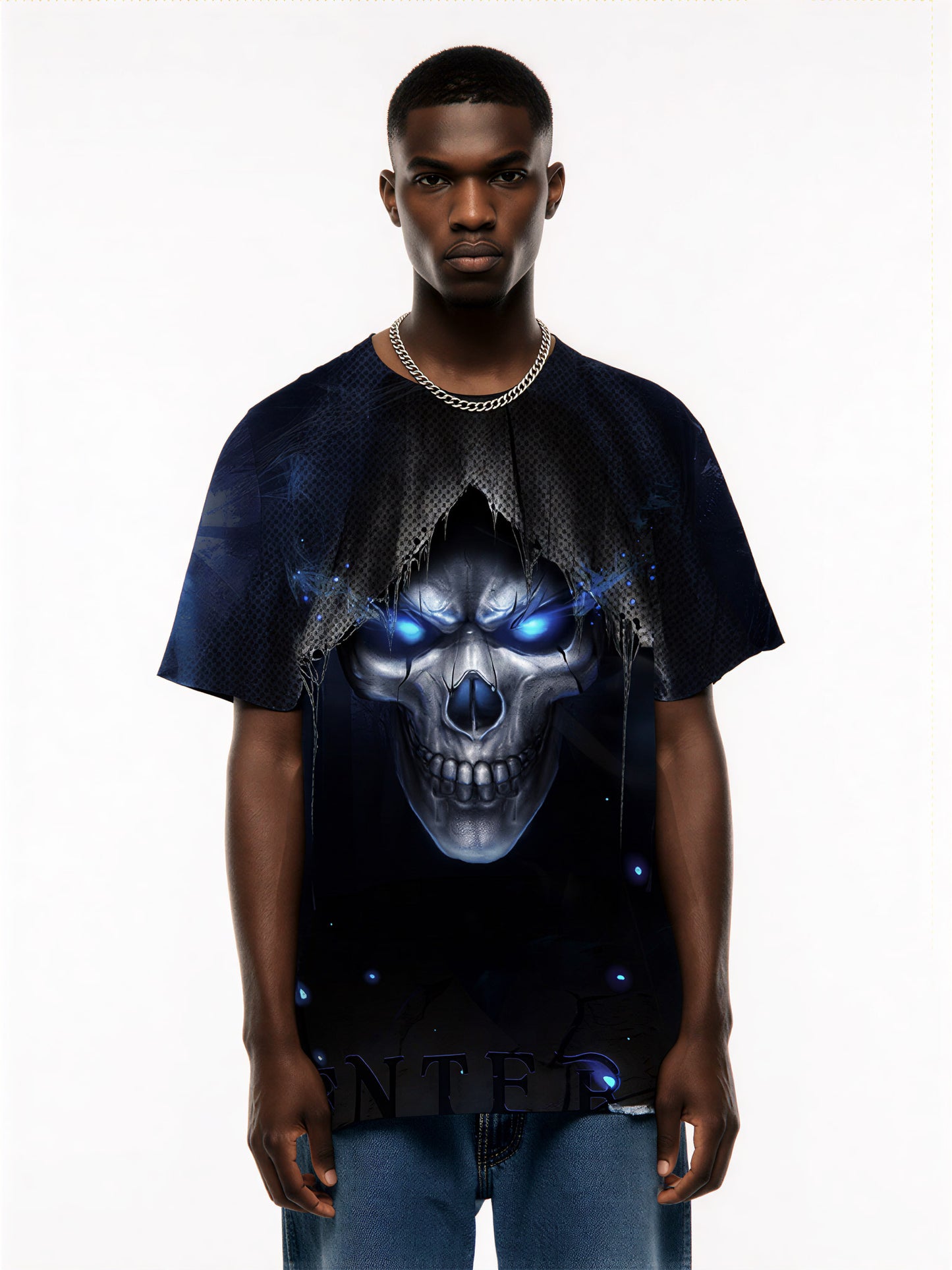 Men Women 3D All Over Print Skull T-Shirt with Glowing Blue Eyes Gothic Streetwear Design