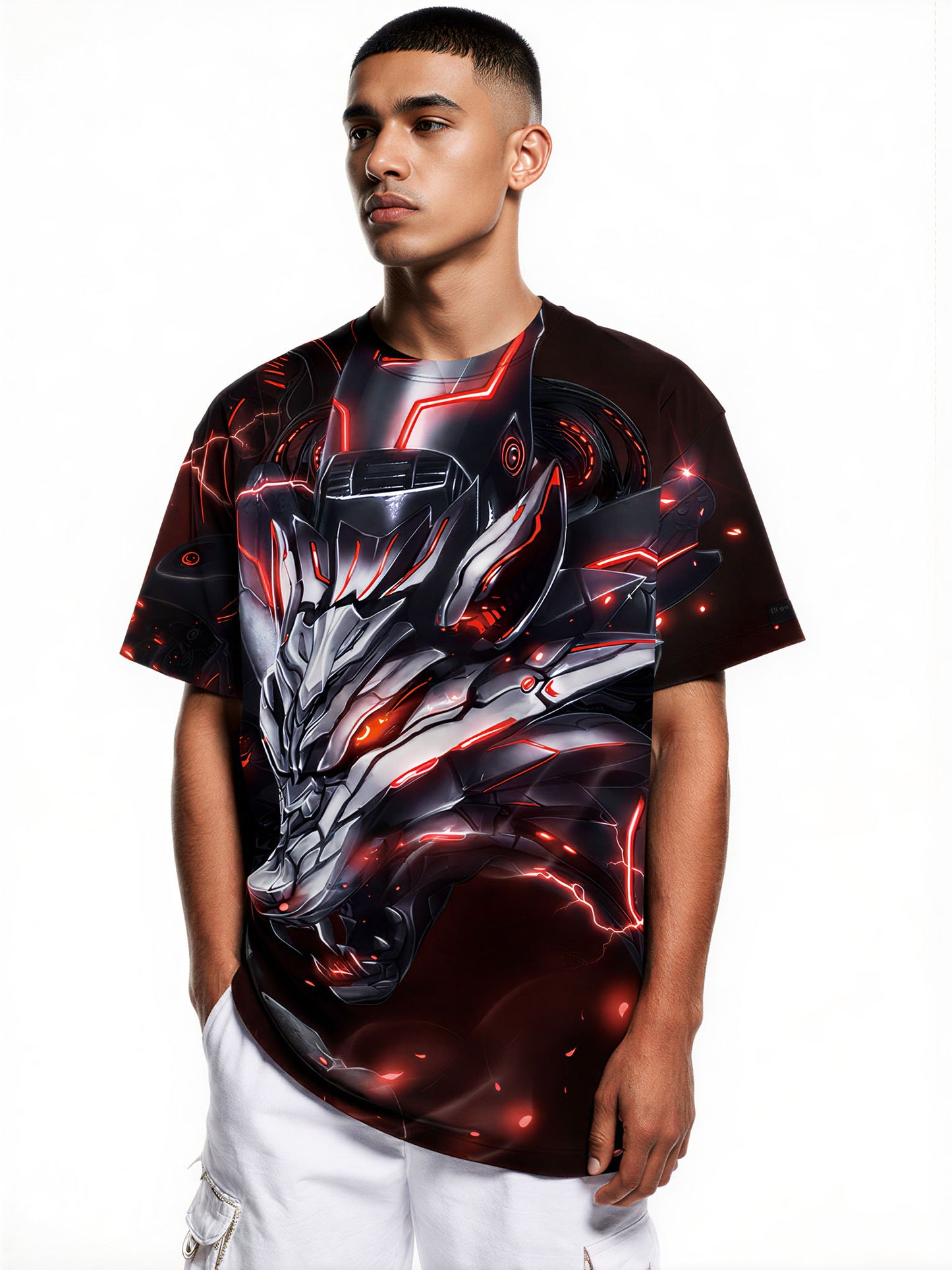 Men Women 3D All Over Print Cyber Dragon T-Shirt Glow Red Lightning Graphic Pullover