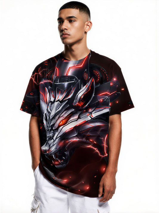 Men Women 3D All Over Print Cyber Dragon T-Shirt Glow Red Lightning Graphic Pullover