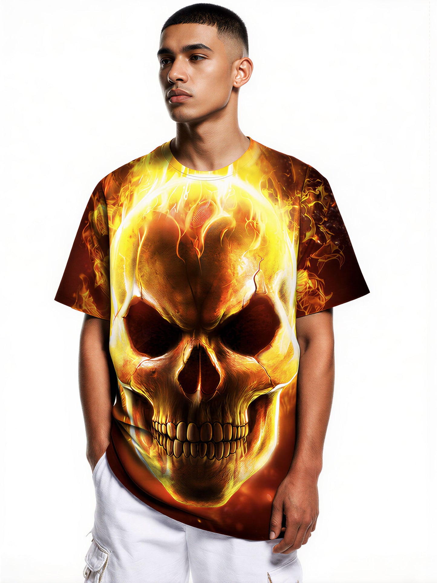 Flaming Skull 3D All Over Print T-Shirt for Men Women, edgy streetwear style with fiery graphic design