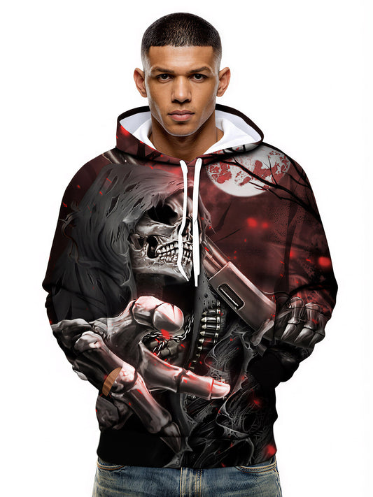 3D Blood-Red Moon Double Guns Skull All Over Print Hoodie Gothic Dark Aesthetic Streetwear for Men Women