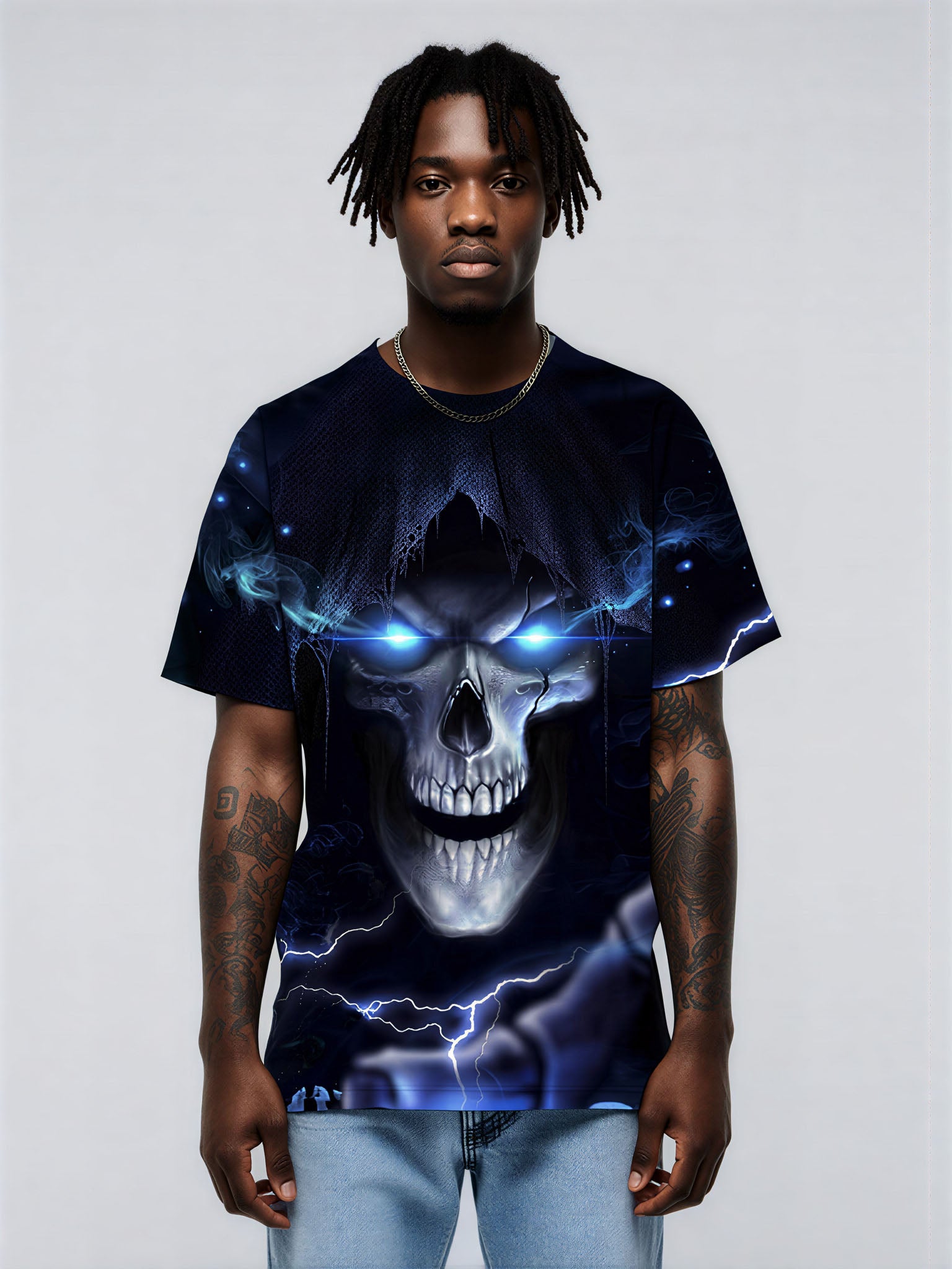 3D All Over Print Skull T-Shirt with Lightning Eyes for Men Women Gothic Streetwear