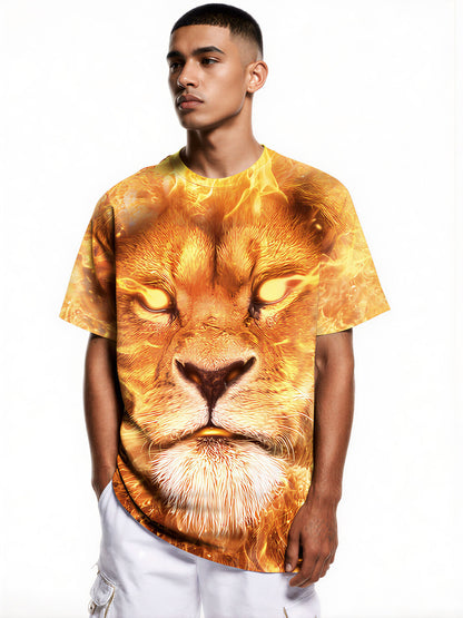 3D All Over Print Lion Fire T-Shirt for Men Women, Bold Graphic Streetwear Pullover
