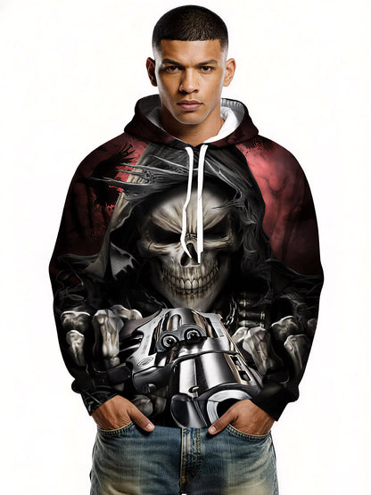 Edgy Grim Reaper Skull Revolver All Over Print Streetwear Hoodie