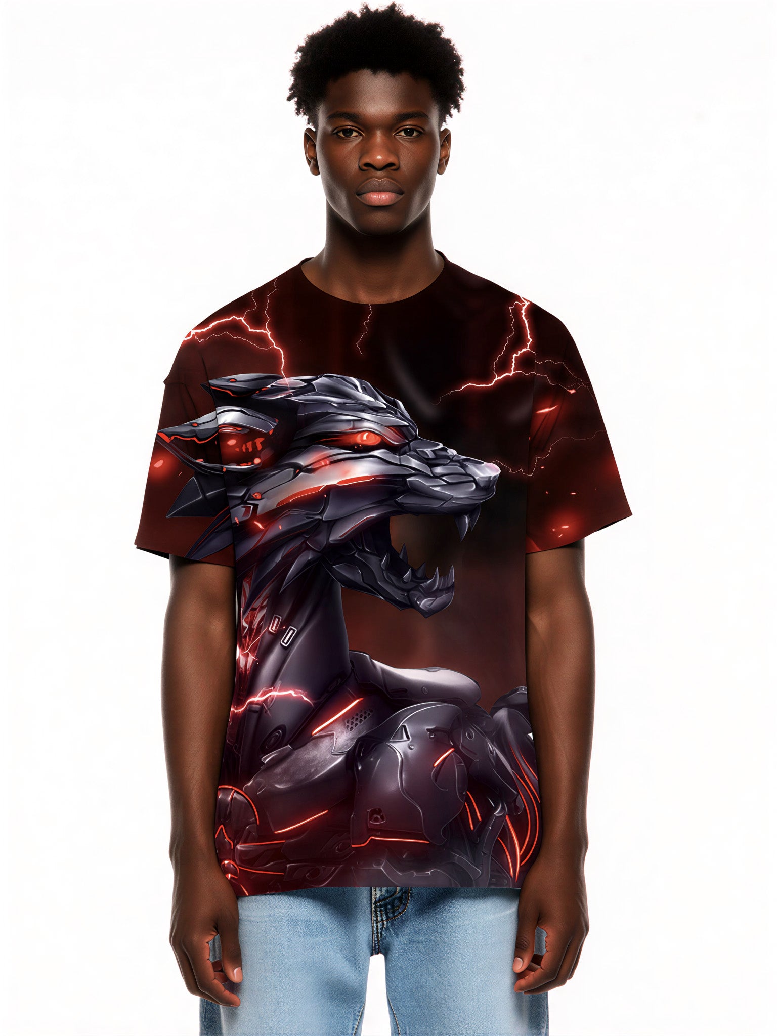 Unisex 3D All Over Print Cyber Wolf T-Shirt with Lightning Red Glow Design