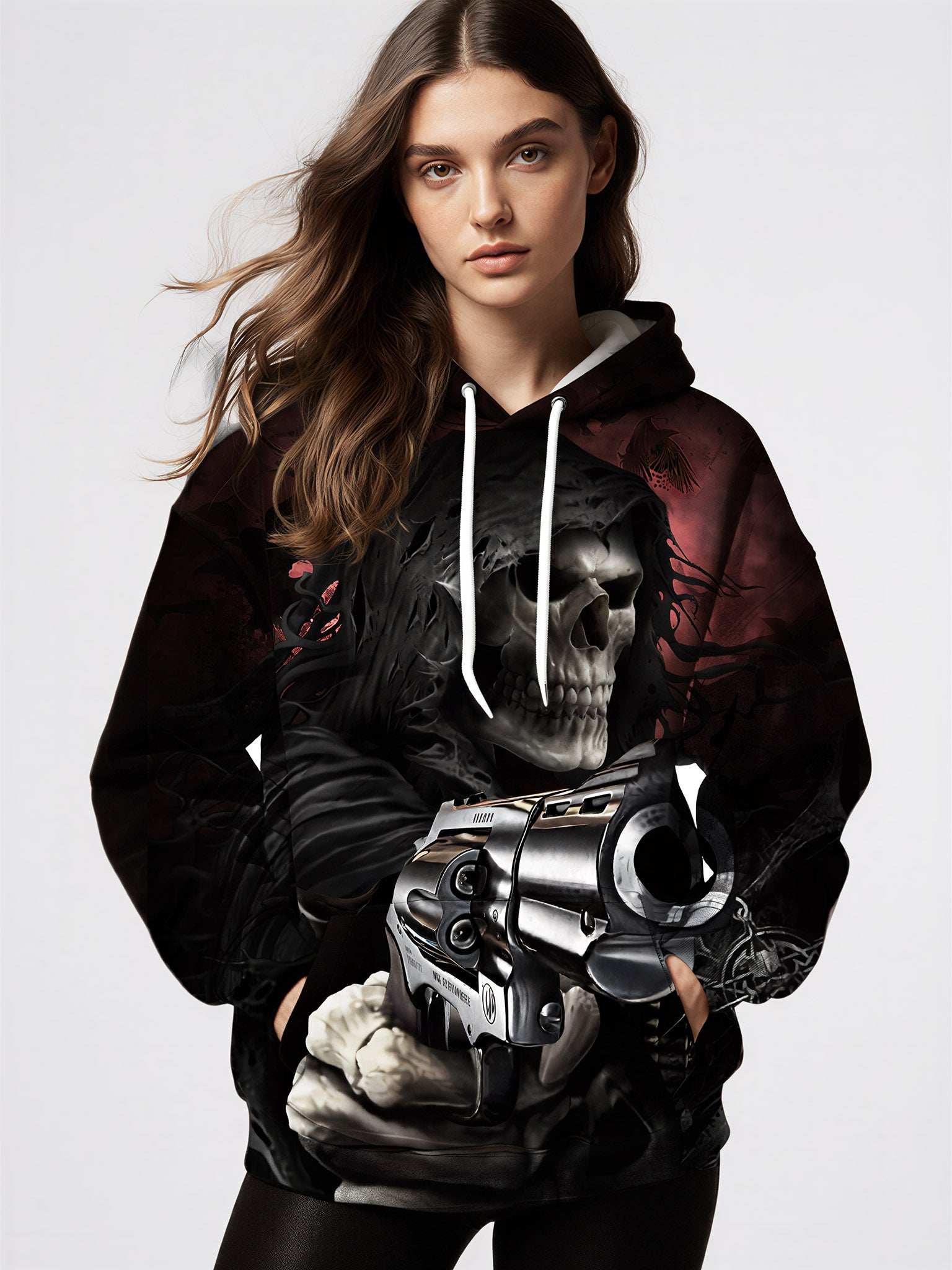 Double Guns Skull 3D All Over Print Hoodie Gothic Dark Aesthetic Streetwear for Men Women