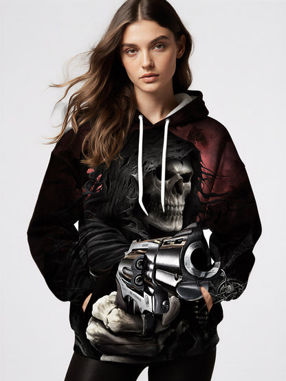 Double Guns Skull 3D All Over Print Hoodie Gothic Dark Aesthetic Streetwear for Men Women