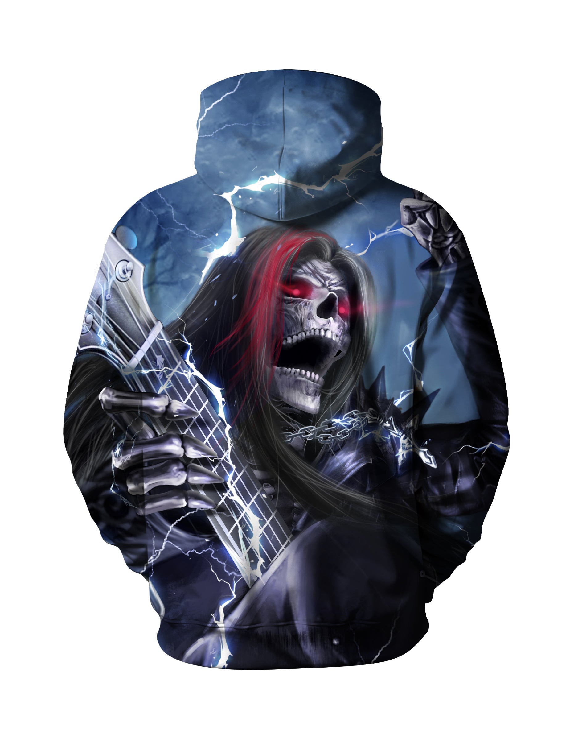 Skeleton Guitarist Hoodie with Lightning and Red Hair Design Men Women 3D All Over Print