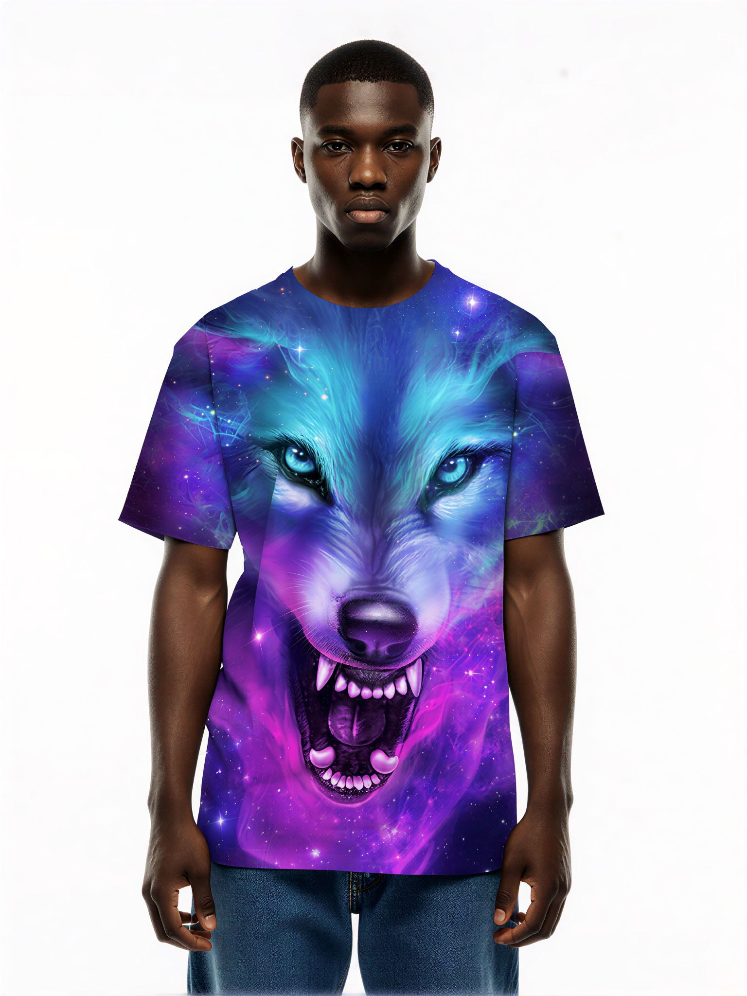 3D Wolf Galaxy T-Shirt All Over Print for Men Women, Cosmic Space Graphic Pullover Sweatshirt