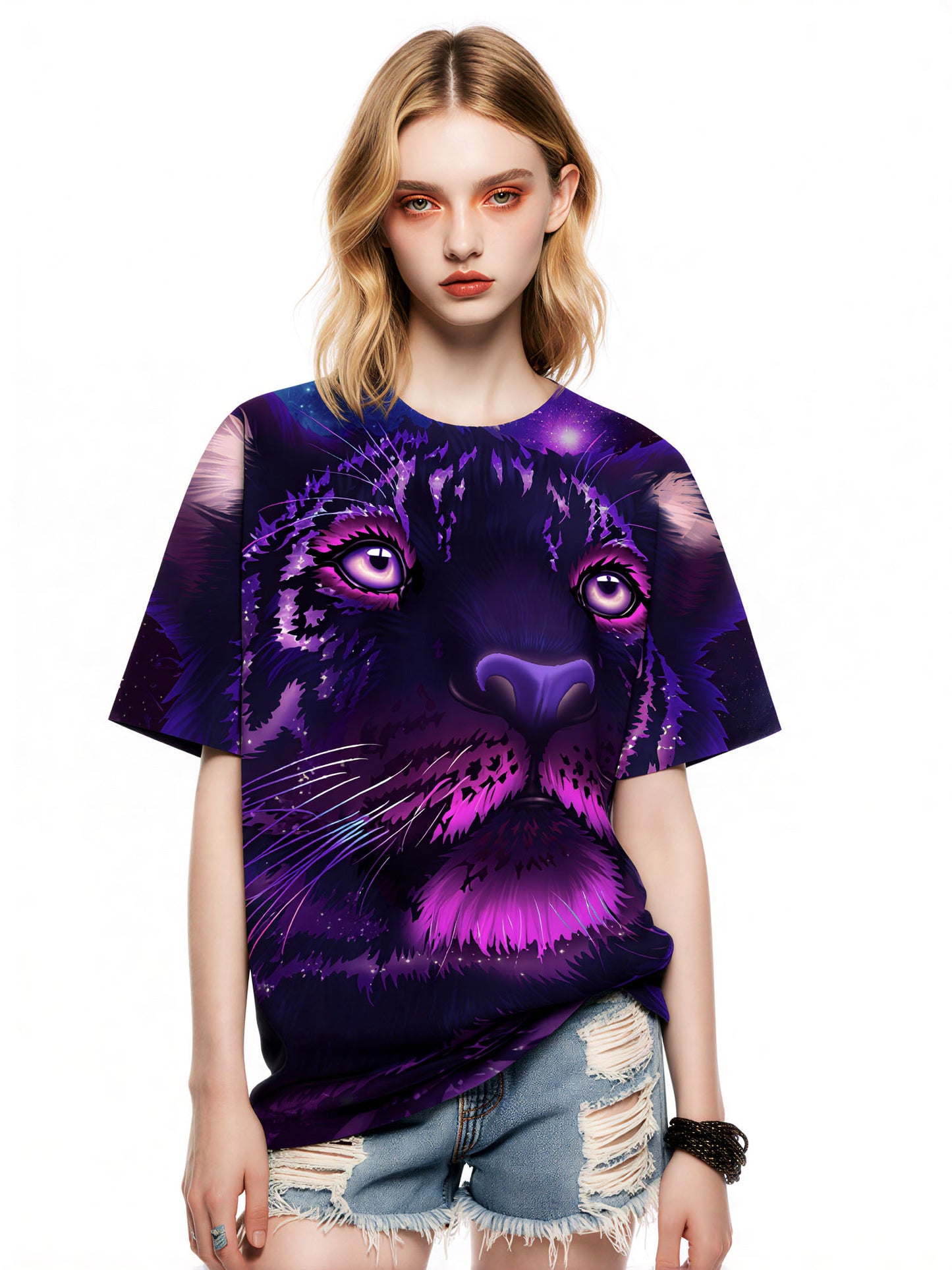 3D All Over Print T-Shirt Men Women Galaxy Panther Face Purple Cosmic Style