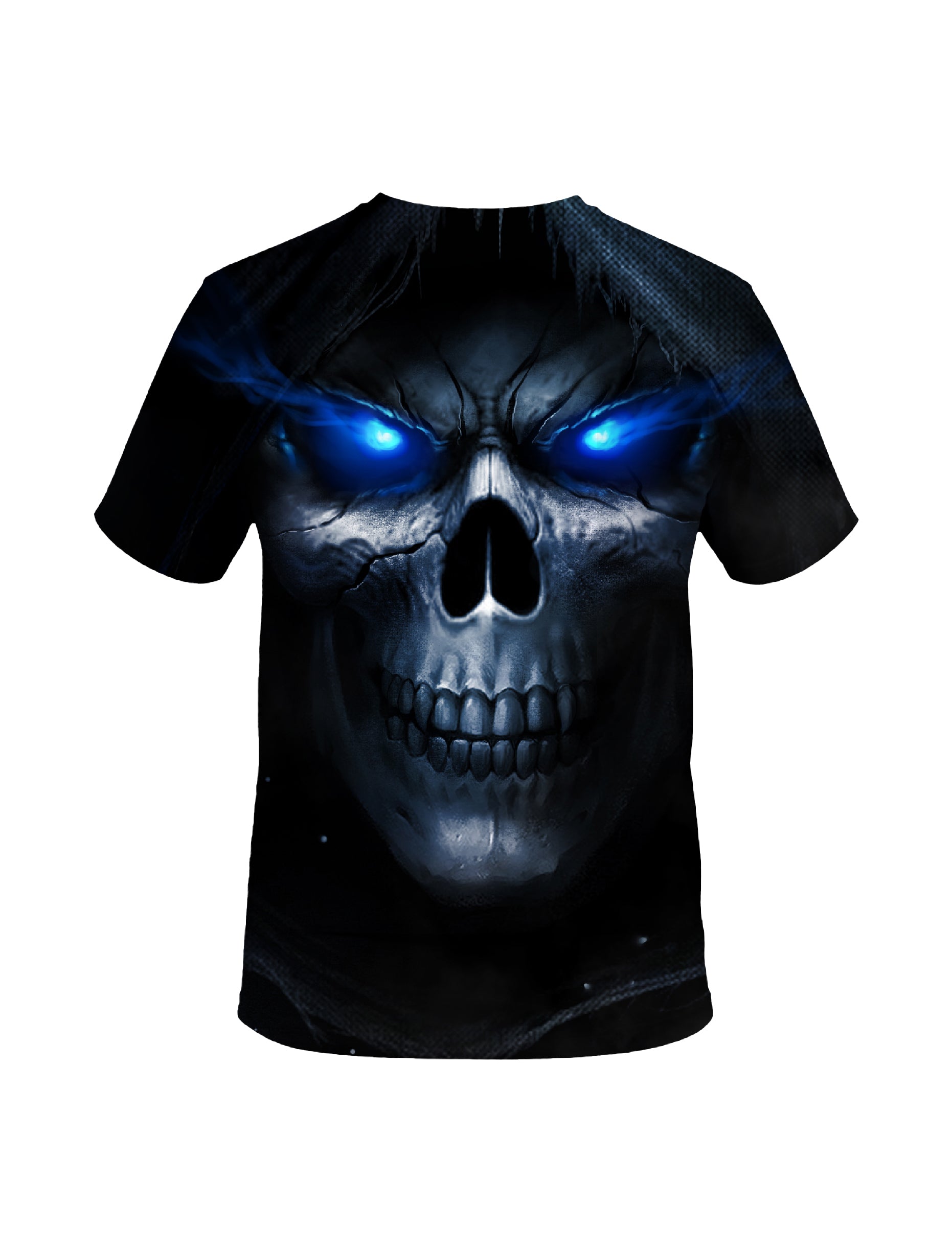 3D All Over Print Skull T-Shirt with Glowing Blue Eyes for Men Women, Gothic Streetwear Style