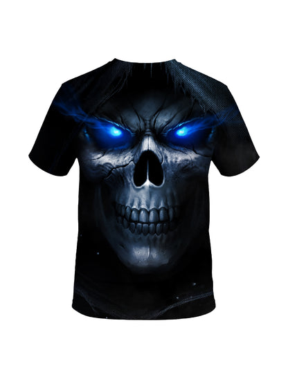 3D All Over Print Skull T-Shirt with Glowing Blue Eyes for Men Women, Gothic Streetwear Style
