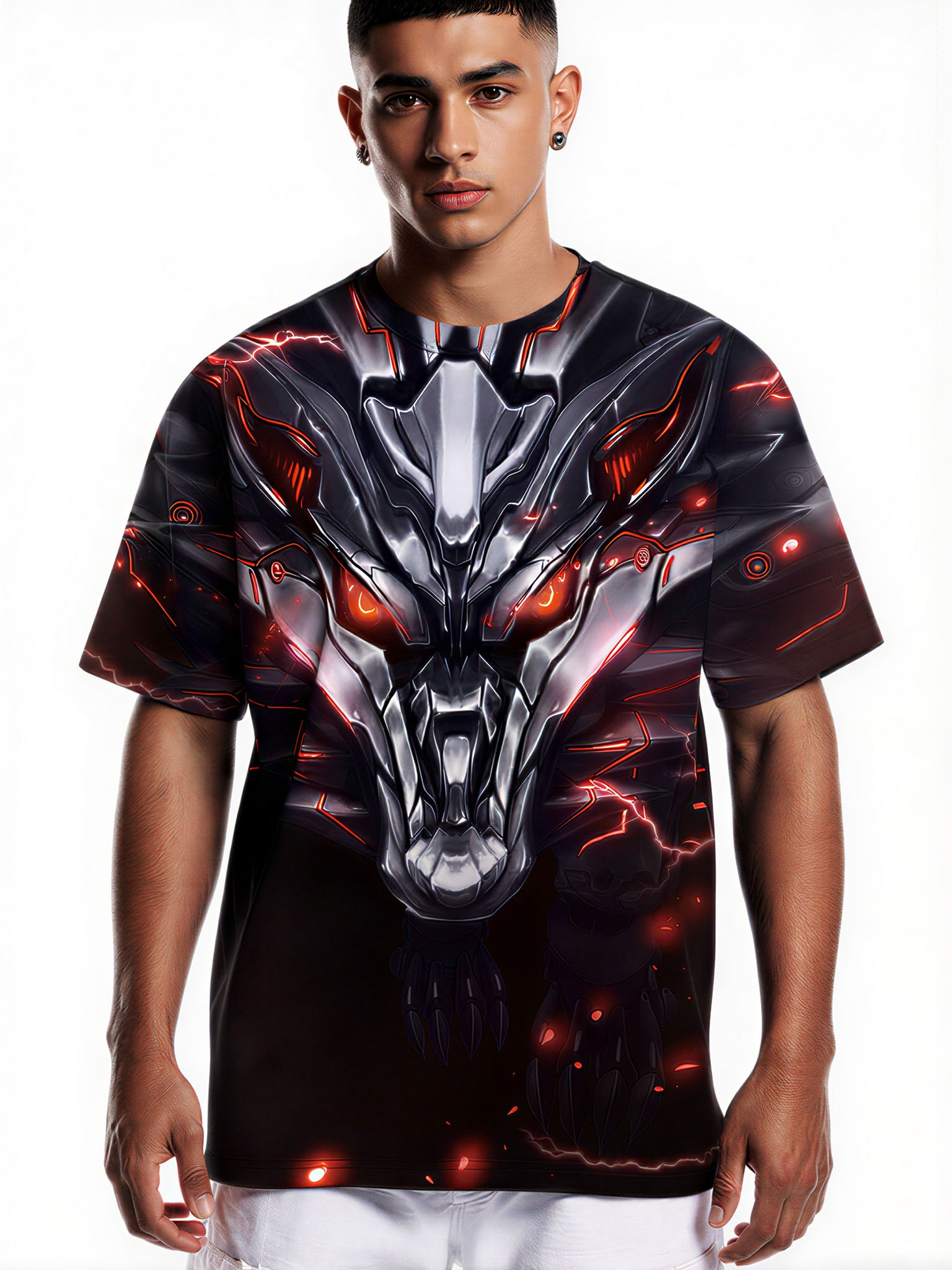 Men Women 3D All Over Print Cyber Dragon T-Shirt Sci Fi Glow Red Eyes Graphic Pullover