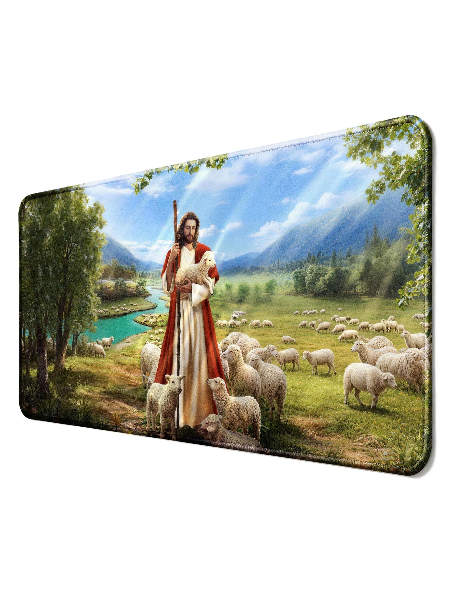Jesus The Good Shepherd With Flock In Pastoral Landscape Desk Mat