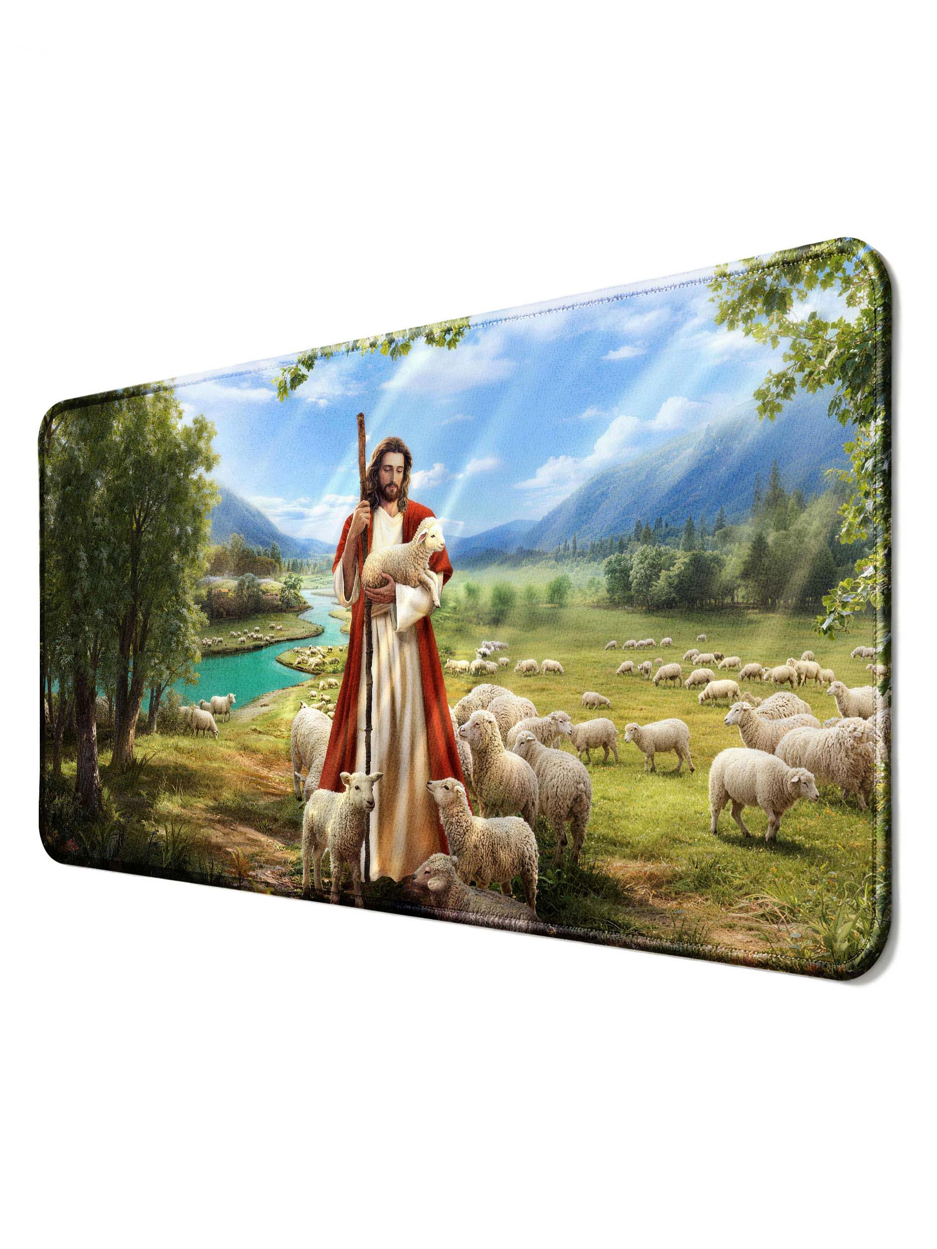 Jesus The Good Shepherd With Flock In Pastoral Landscape Desk Mat