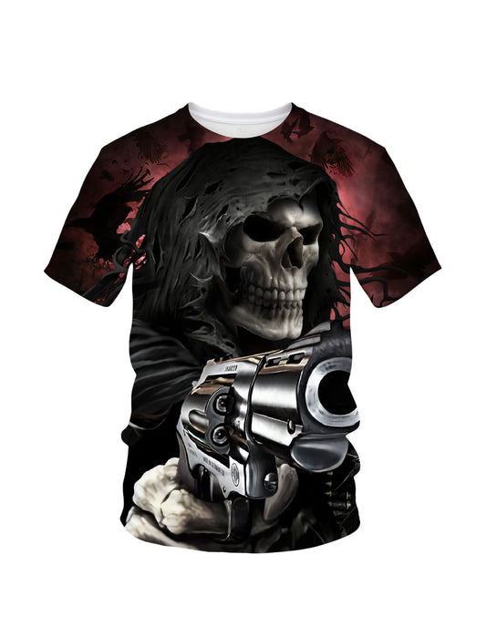 Men Women 3D All Over Print Skull Reaper T-Shirt with Gun Gothic Horror Design