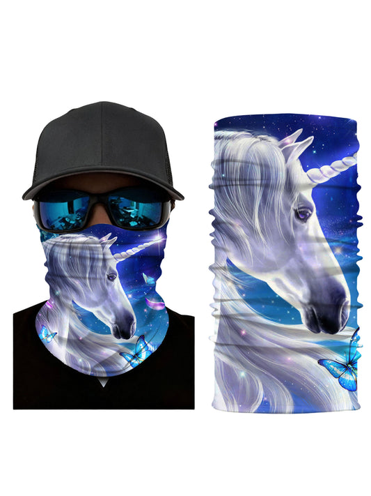 Neck Gaiter with 3D all over print featuring mystical unicorn and glowing blue butterflies, galaxy nebula backdrop, Aesthetic style, unisex, soft stretchy, UV protection