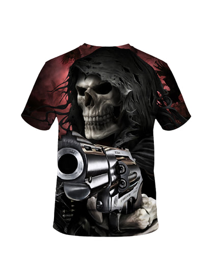 Men Women 3D All Over Print Skull Reaper T-Shirt with Gun Gothic Horror Design