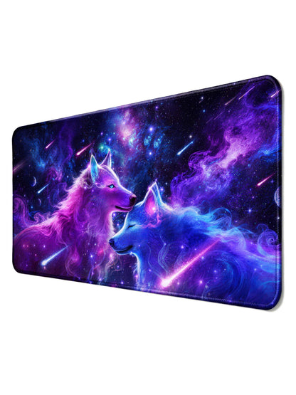Two Cuddling Cosmic Wolves With Shooting Stars & Nebula Desk Mat
