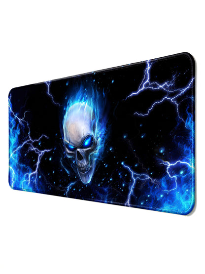 Blue Flame Skull Close-Up With Glowing Eyes & Lightning Desk Mat