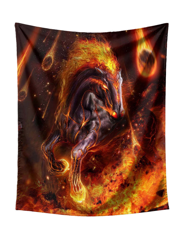 Fiery Horse Running Through Cosmic Space With Meteors Tapestry - Epic Dark Fantasy Wall Hanging for Bold Home Decor